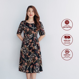 Đầm thiết kế cao cấp form A cổ tròn tay ngắn đen hoạ tiết TTV1045