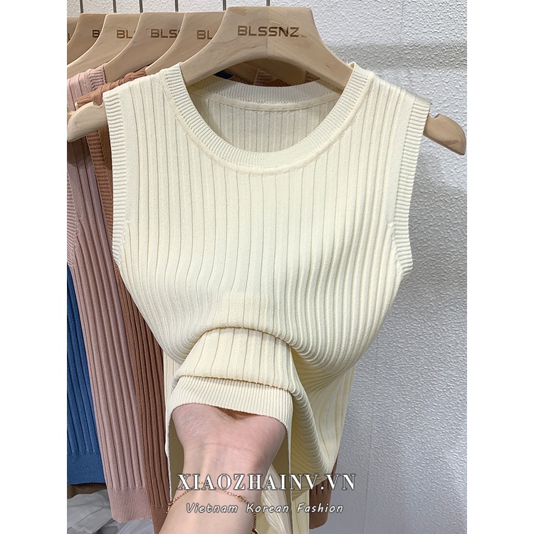 Áo XIAOZHAINV dệt kim không tay cổ tròn phong cách Hàn Quốc 6 màu tùy chọn