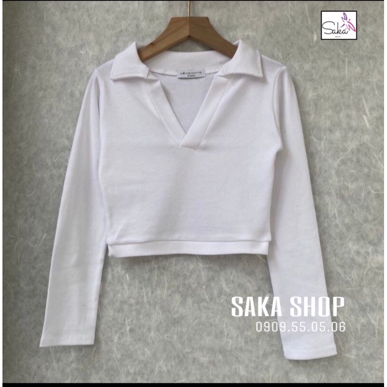 Áo thun nữ tay dài cổ sơ mi vải thun chánh phẩm đen trắng