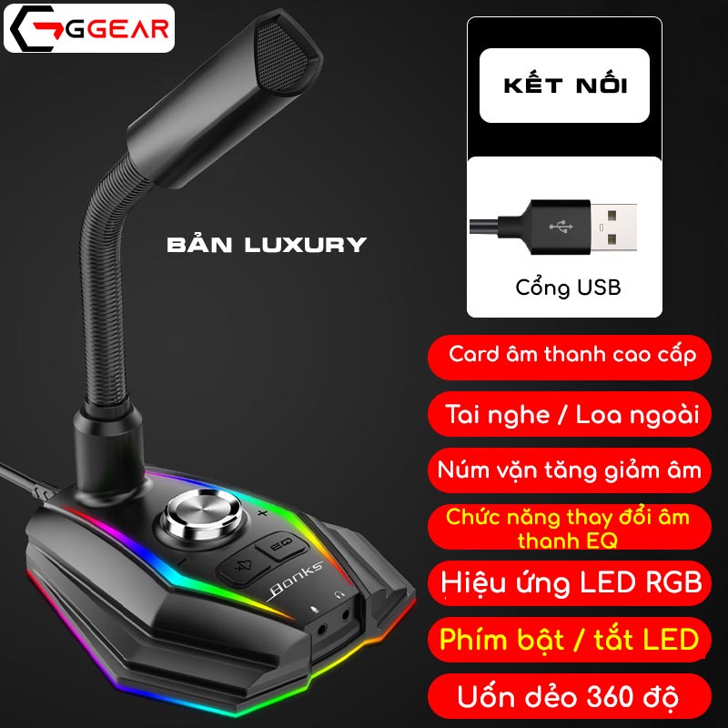 Micro thu âm Ggear MNS2 Hiệu ứng EQ led rgb chống ồn lọc nhiễu âm thanh chân thực livestream học online đàm thoại gaming