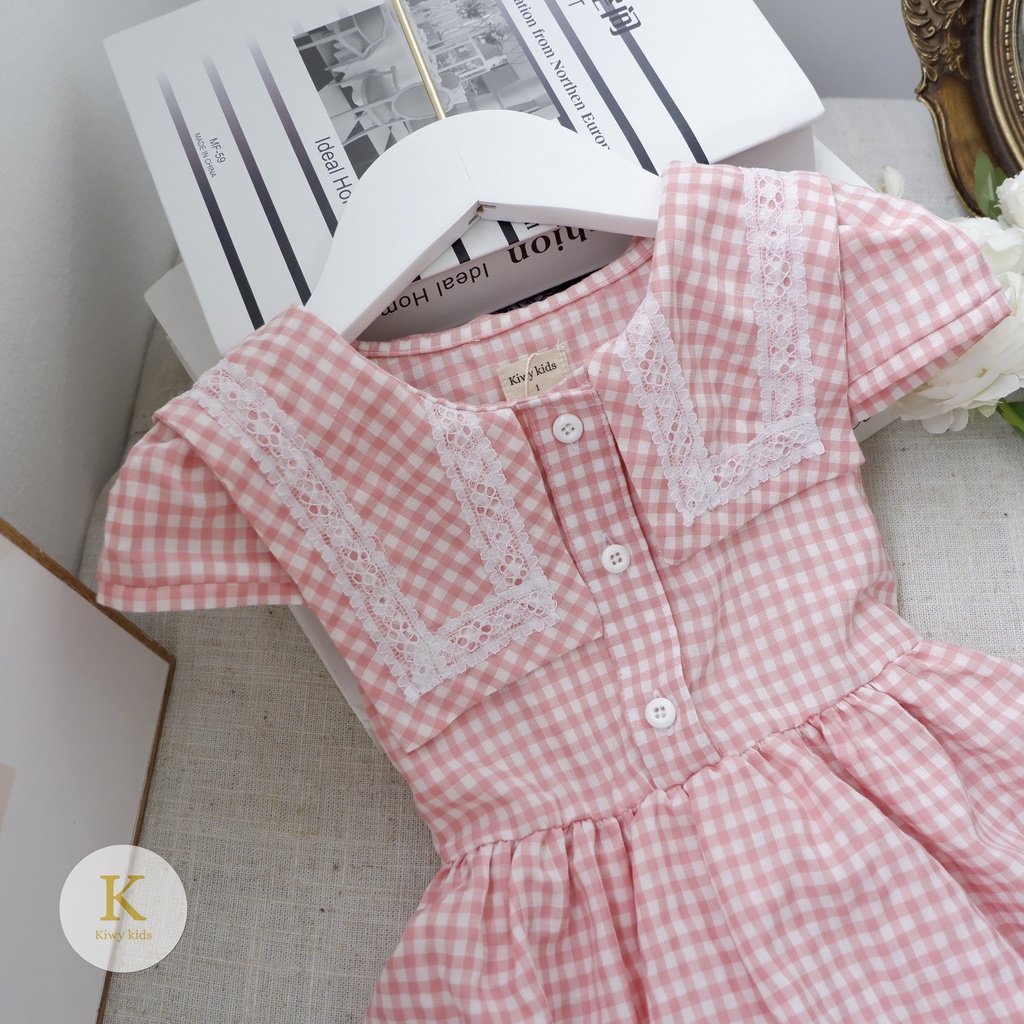 Đầm bé gái KIWY KIDS chất cotton kẻ caro, cổ viền ren độc đáo Kidsh2195 cho bé từ 1 đến 6 tuổi