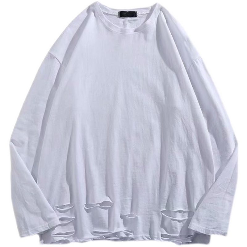Áo thun tay dài màu trơn phối vết rách phong cách hip hop thời trang dành cho nam