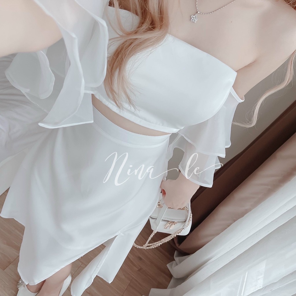 Set Váy Áo Trễ Vai Trắng Cup Ngực Có Mút Tay Phối Voan Tơ Nhũ Mix Chân Váy Trắng Sẻ Tà Dáng Tiểu Thư