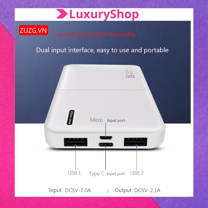 Pin dự phòng 10000mah, cục sạc dự phòng giá rẻ ZUZG MP-J01 bảo hành 6 tháng SDP01