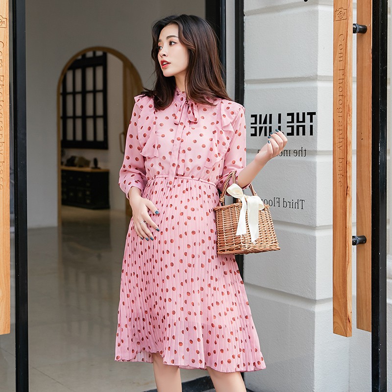 A495 Đầm bầu, Váy bà bầu mùa hè phiên bản Hàn Quốc váy xếp li chấm bi dài thời trang mẫu mới nhất 2020