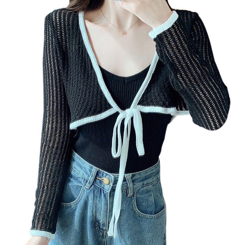 Áo cadigan len viền sọc dây cột nơ 3 màu cá tính