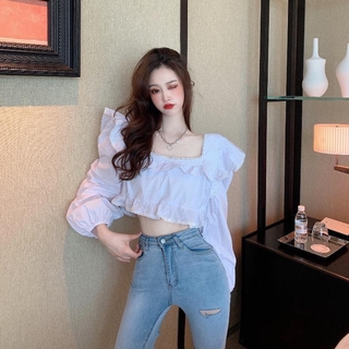 Áo Sơ Mi Tay Phồng Cổ Vuông Viền Ren Nữ Tính Thời Trang Cho Nữ