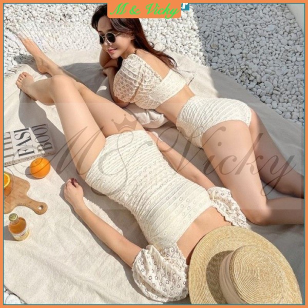 Bộ Bikini 2 Mảnh Lưng Cao Tay Ngắn Trễ Vai Màu Trơn Thiết Kế Gợi Cảm Thời Trang Cho Nữ