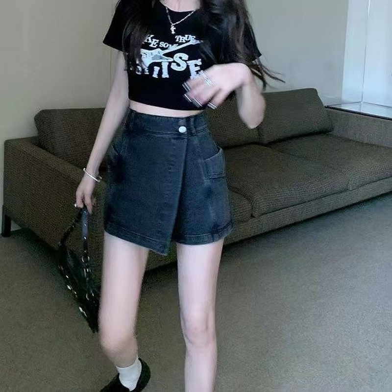 Quần Đùi Jeans Lưng Cao Ống Rộng Phong Cách Retro Mỹ Thời Trang Cho Nữ