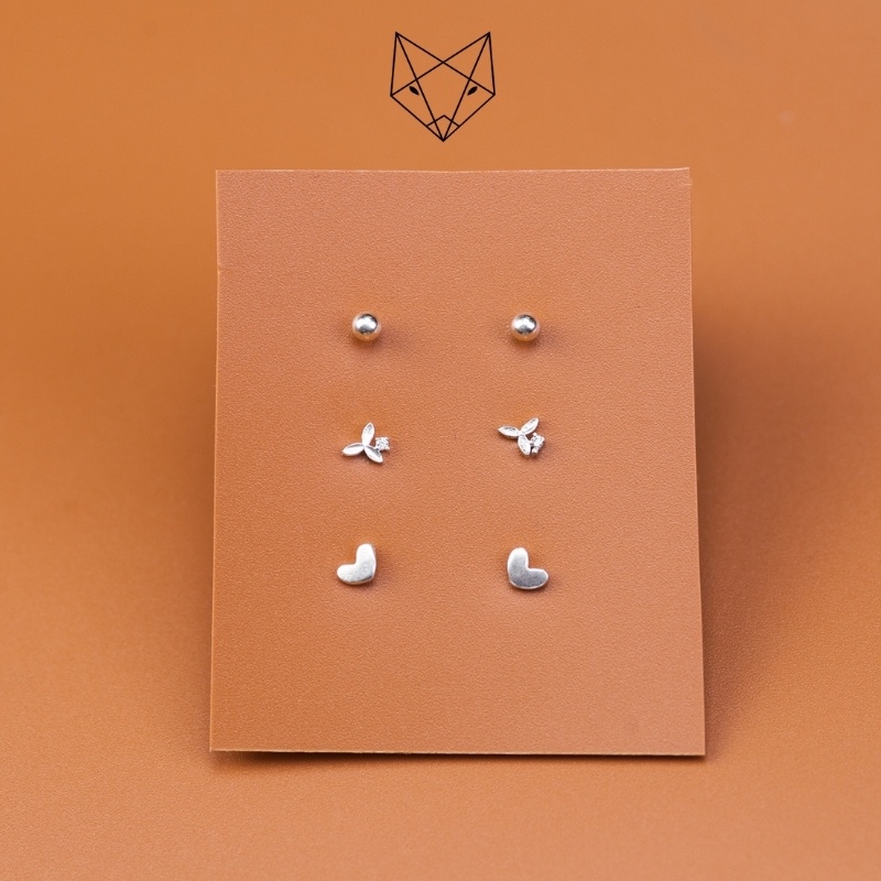 Set 3 Đôi Khuyên Tai Bạc Ta CaoBac Silver Nụ Basic Chấm Tim Mini Lá