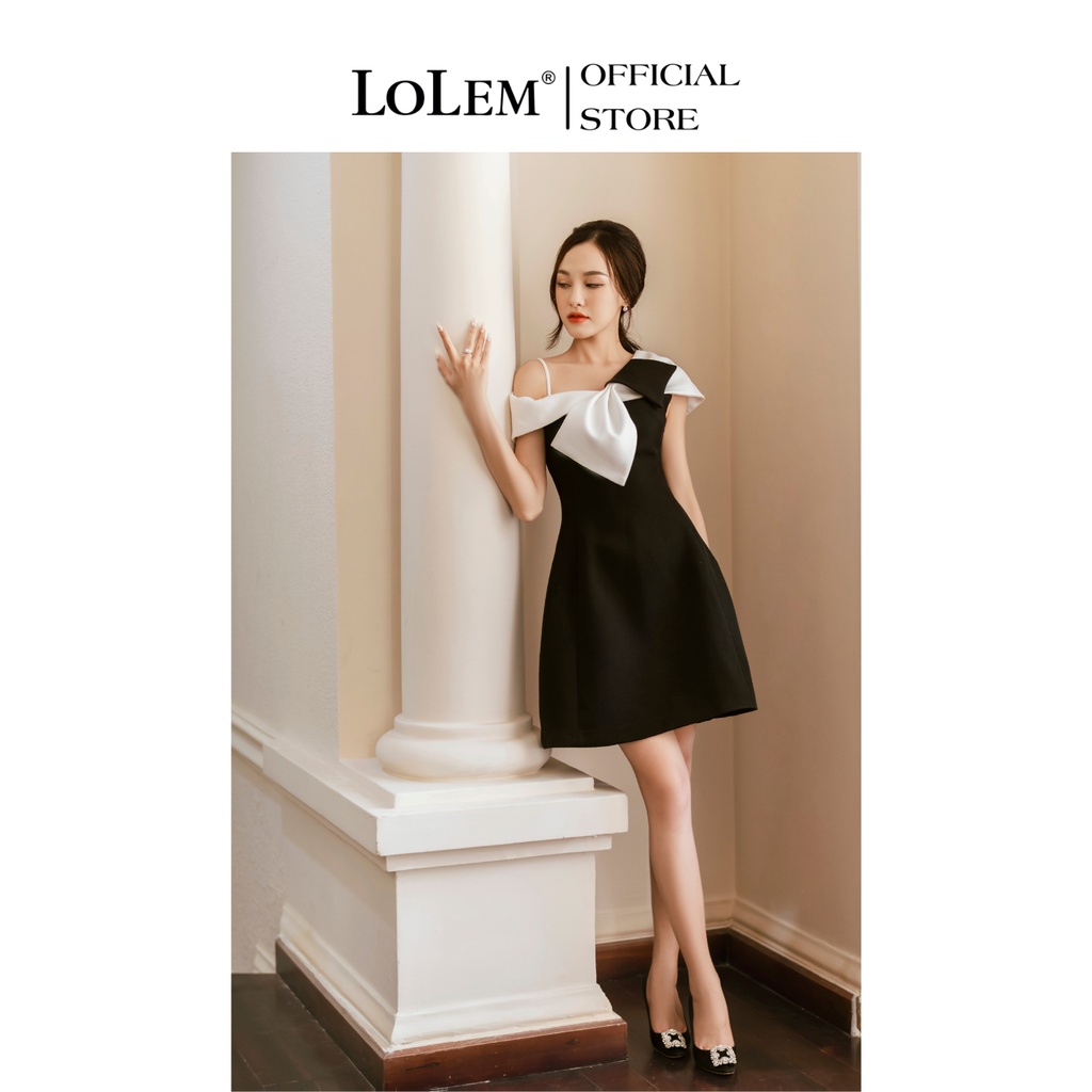 Đầm xòe dự tiệc LOLEM DX328 thiết kế lệch vai phối nơ ngực vải linen Thái thoáng mát
