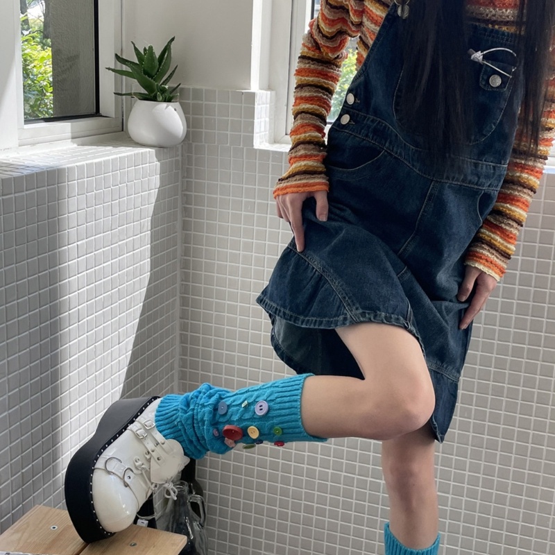 Xixi Tất Dệt Kim Giữ Ấm Chân Phối Nút Phong Cách Lolita