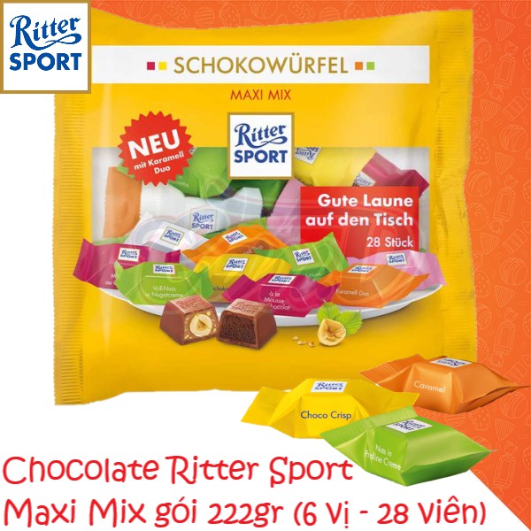 Chocolate Ritter Sport Maxi Mix gói 222gr (6 vị - 28 viên)