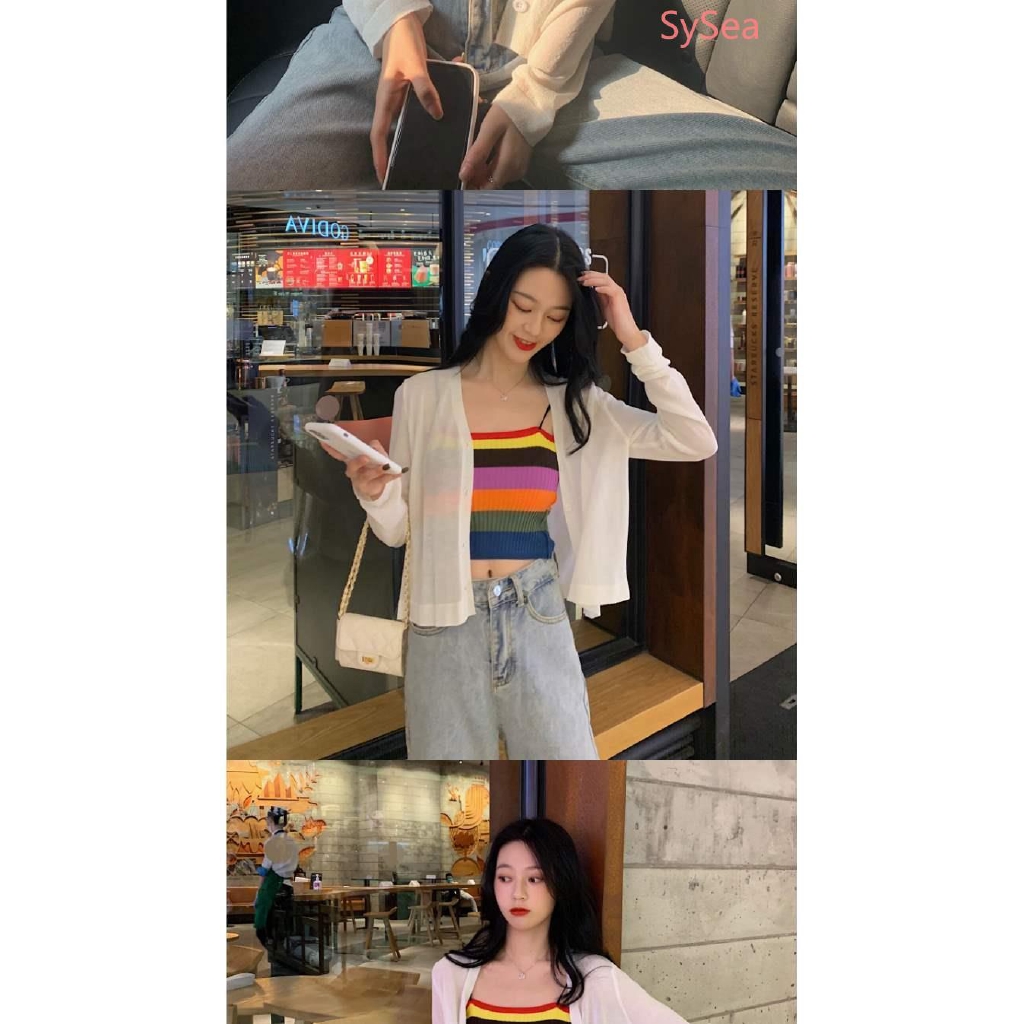 Women Knitted Rainbow Stripe Camisole Fashion Tank Top +cardigan Set