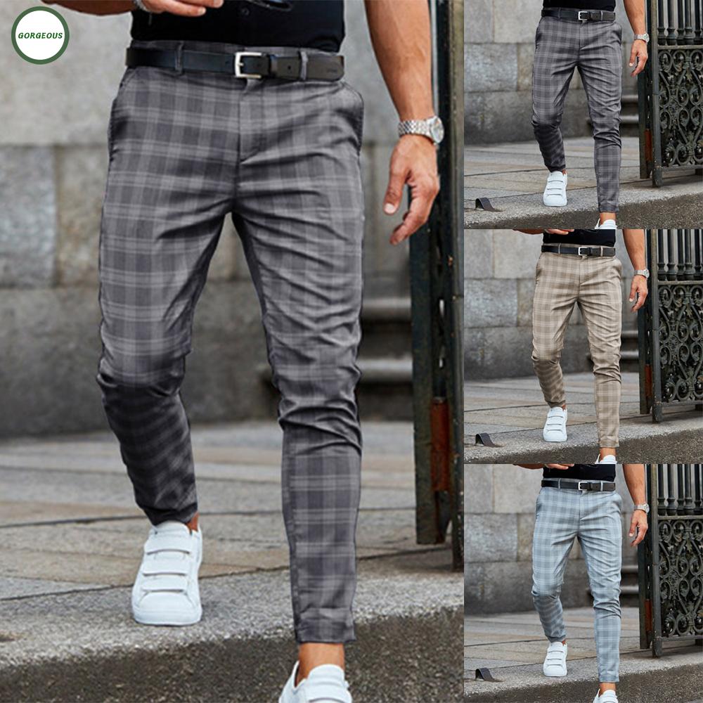 Pants Plaid Long Slim fit Check Plus size Casual Skinny Tracksuit Bottoms