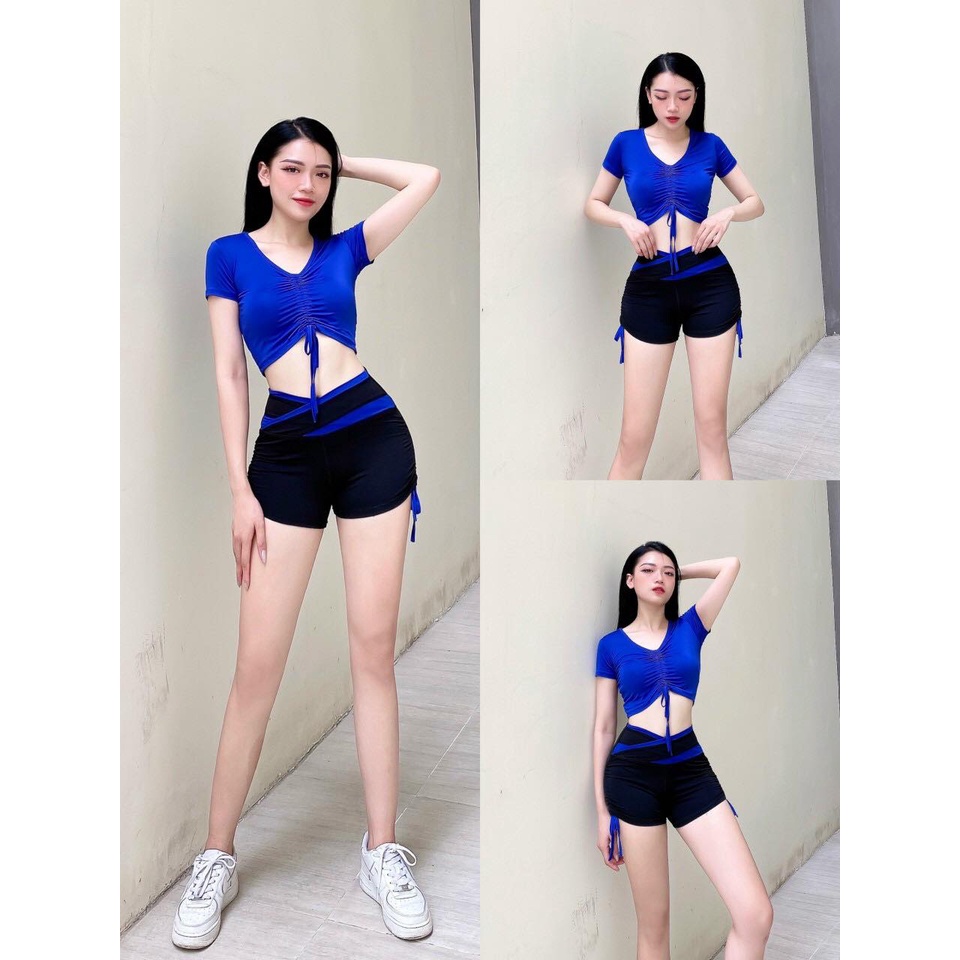 Đồ tập gym nữ, đồ bơi Hot trend Áo Croptop rút dây, Quần đùi cạp chéo siêu dễ thương, tập gym, yoga, zumba, chạy bộ