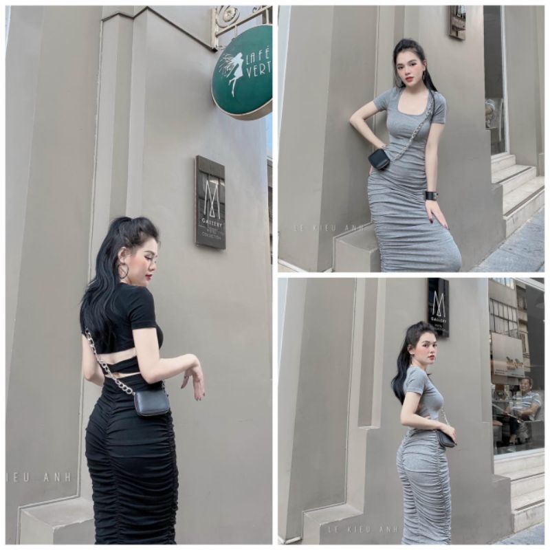 Đầm Thun Ôm Body Dáng Dài Maxi Tay Ngắn Nhún Hông Hở Lưng Sexy