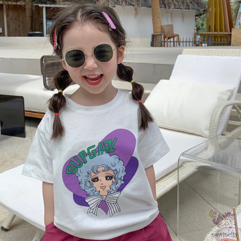 Áo Thun Cotton Tay Ngắn In Họa Tiết Hoạt Hình Phong Cách Hàn Quốc Cho Bé Gái