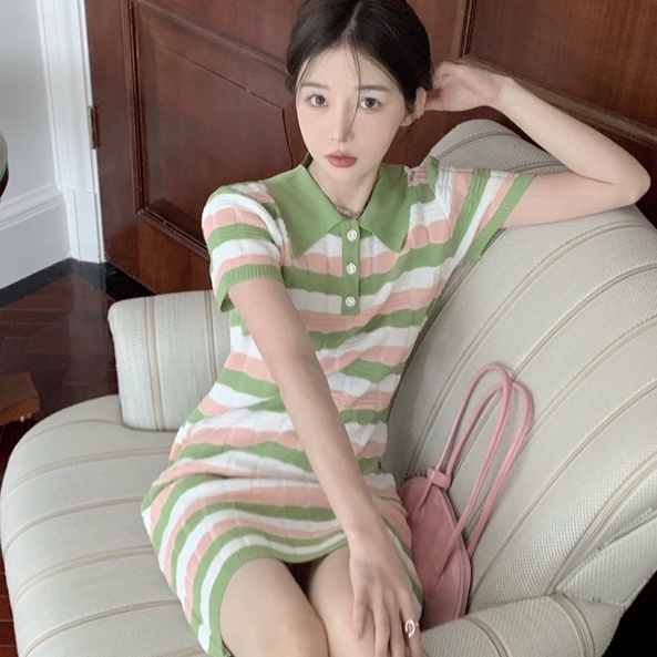 Đầm dệt kim ZHELIHANGFEI kẻ sọc cổ polo dáng ôm phong cách gợi cảm cho nữ