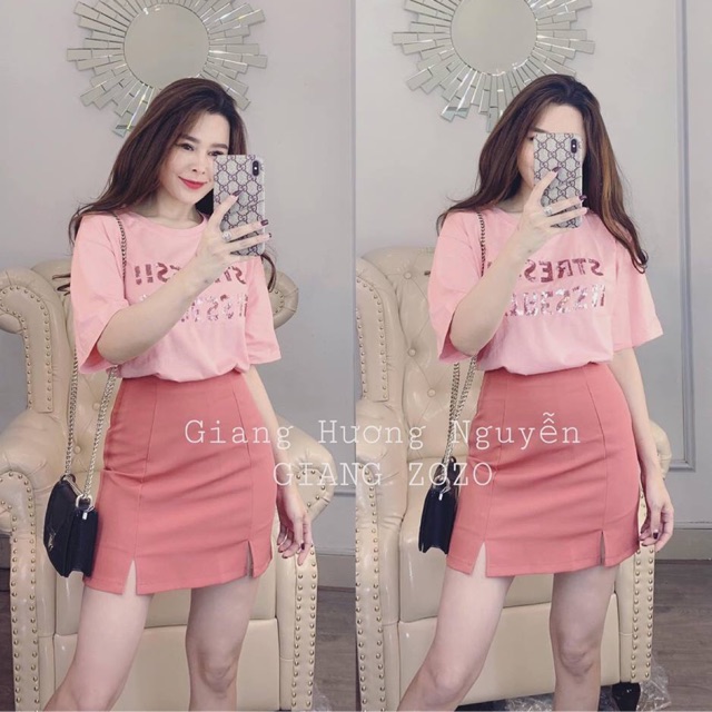 SET HỒNG ÁO pull đính kim sa mix CHÂN VÁY