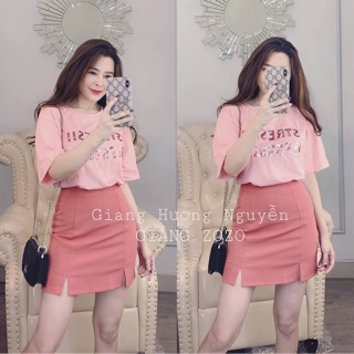 SET HỒNG ÁO pull đính kim sa mix CHÂN VÁY