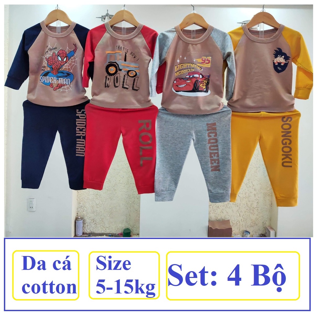 SET 4 BỘ Đồ bộ bé trai-Hình siêu nhân/người nhện/ô tô/Naruto-Chất da cá cotton-cho bé 3 tháng đến 10 tuổi/size 5-35kg