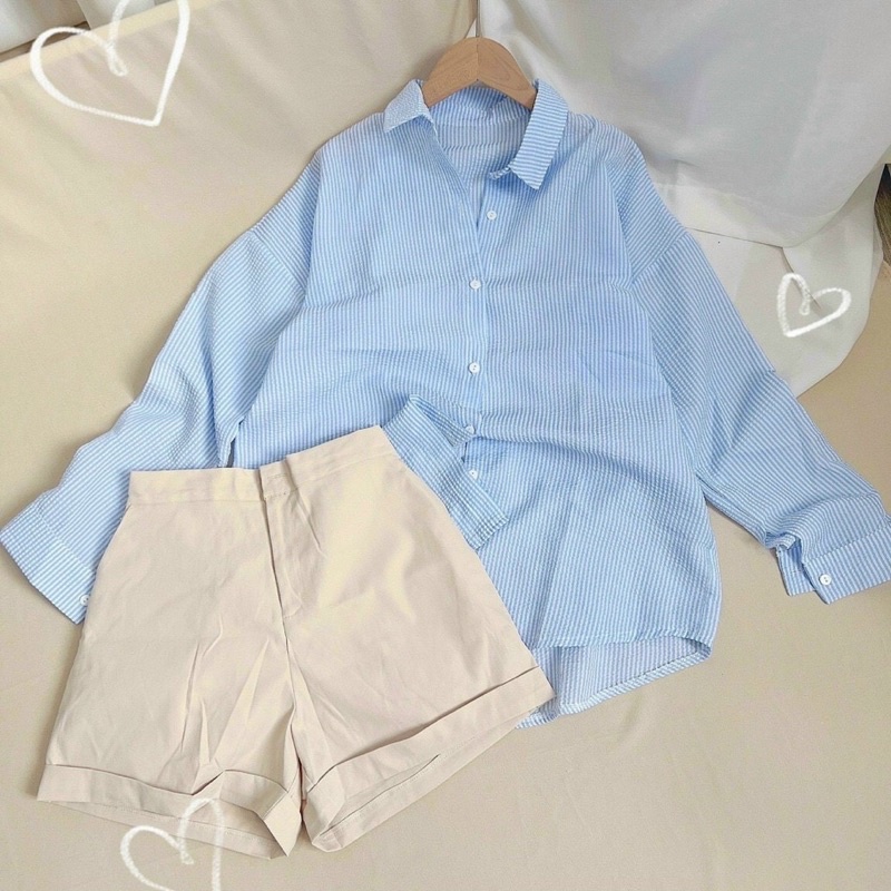 ‼️set sơmi sọc xanh + quần sọt nude