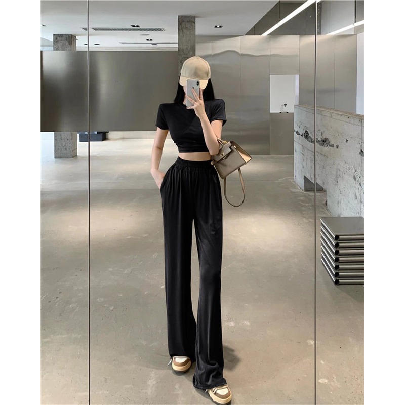 💃 Bộ Áo Croptop Nữ Kèm Quần Culottes Ống Rộng Chất Thun Gân 2 Màu