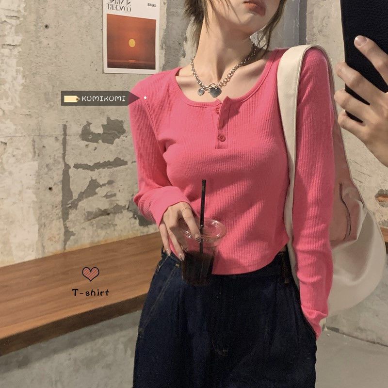 Áo Thun Nữ Tay Dài Cổ Tròn Có Nút
