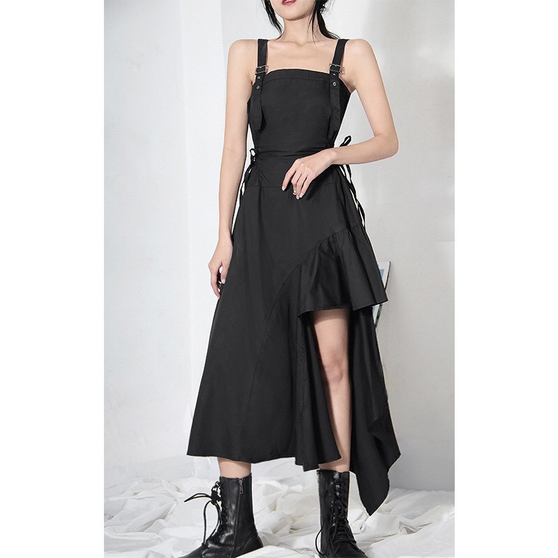Đầm 2 Dây Đen Buộc Eo Lệch Tà 🦋 Váy 2s Nữ Chất Đũi Dây Điều Chỉnh 🦋