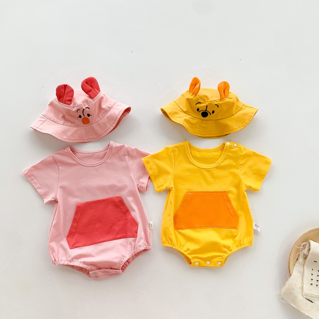 Bộ Áo Liền Quần Tay Ngắn Có Túi + Mũ Tai Thỏ Dễ Thương Cho Bé Sơ Sinh