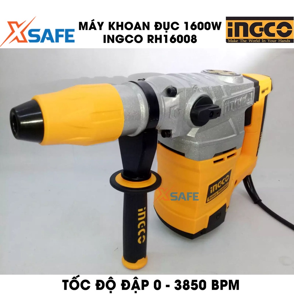Máy khoan đục 1600W INGCO RH16008 công suất 1600W, khoan bê tông tối đa 38mm, khoan lõi 100mm, kèm 2 mũi gài, 2 mũi đục