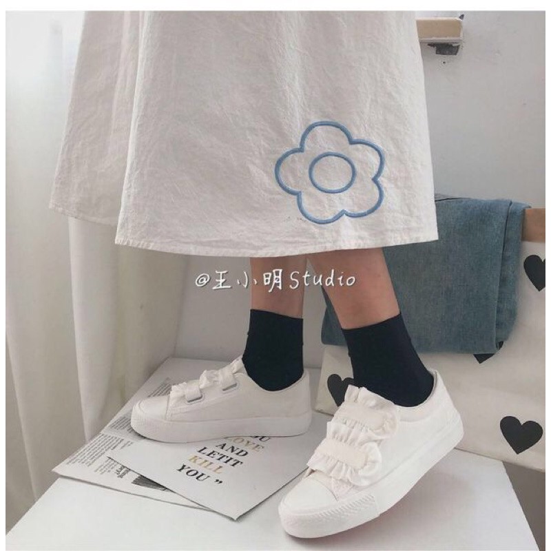 (Sẵn 37/Video tự quay / Loại đẹp ) Giày sneaker trắng quai dán phối bèo ulzzang [Yannie]