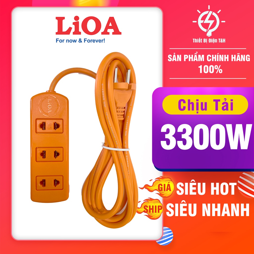 Ổ cắm điện LIOA công suất lớn chịu tải 3 nồi lẩu, 3300W, 3 ổ cắm, dây dài 3M - S3TC - Thiết Bị Điện T&amp;H