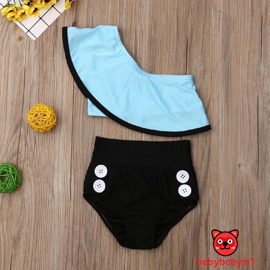 Bộ đồ bơi bikini 2 mảnh gồm áo hở 1 bên vai kèm quần ngắn kéo eo cao xinh xắn dành cho bé gái