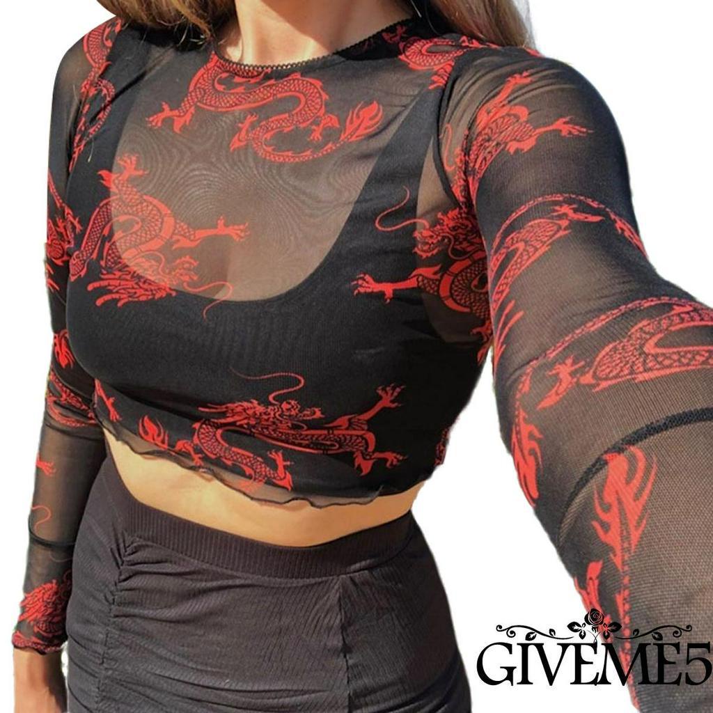 Áo Crop Top Xuyên Thấu Tay Dài In Hình Rồng Gợi Cảm Cho Nữ