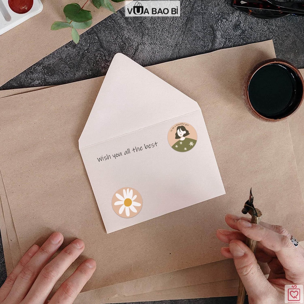 Cuộn 500 Sticker tròn niêm phong dán hộp túi đóng hàng TE03, decal nhãn dán trang trí bao bì dễ thương