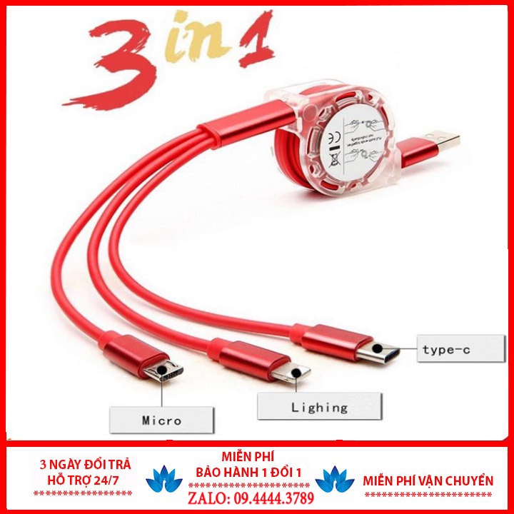 Sạc nhanh điện thoại dây rút đầu USB đa năng 3 đầu sạc