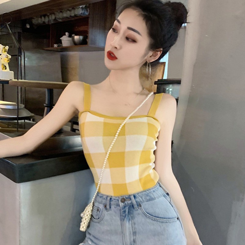 Áo Croptop Áo Tank Top Nữ Áo Dệt Kim Hai Dây Họa Tiết Kẻ Sọc Caro Gợi Cảm Cho Nữ