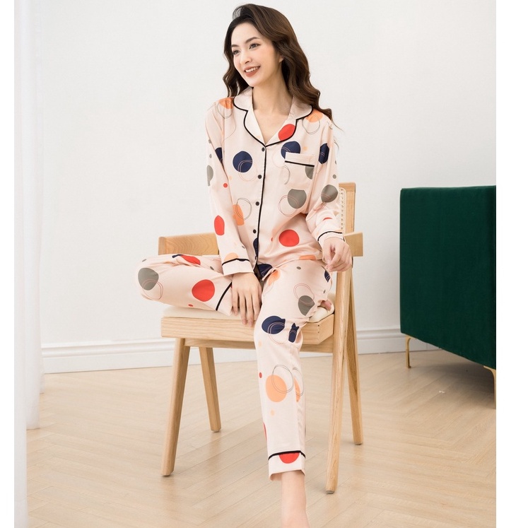 Đồ Ngủ Nữ Bộ Pijama Dài Tay Lụa Cao Cấp Mặc Nhà Họa Tiết Đẹp Mềm Mịn Thấm Hút Thoáng Mát