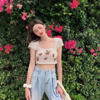 (ORDER) Áo kiểu nữ len móc cổ vuông croptop đi biển điệu đà cá tính Hàn Quốc (MẪU MỚI 2020)