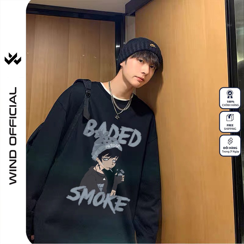 Áo sweater tay dài WIND phông unisex form rộng BADED, thời trang nam nữ oversize