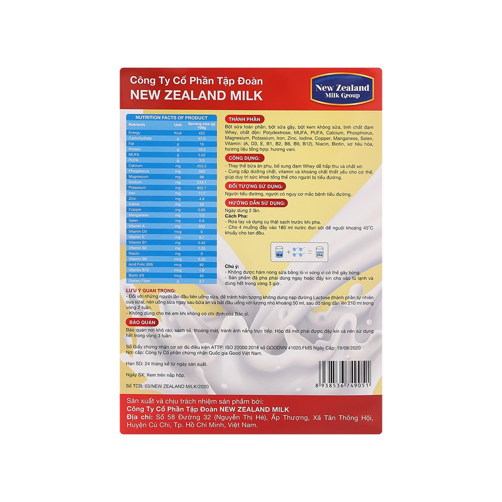 Sữa bột New Zealand Milk Dianbet hộp 450g (cho người lớn)