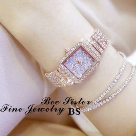 Đồng hồ nữ BeeSister BS dây kim loại mặt Vuông đính full đá style Hàn Quốc + Tặng hộp đồng hồ sang trọng