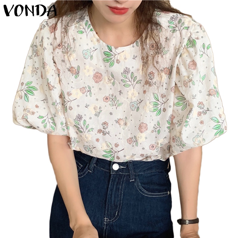 Áo VONDA tay lửng in hoa cổ tròn phong cách Hàn Quốc thời trang hè cho nữ