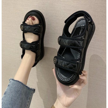 SANDAL ULZZANG OO DA TRẦN QUAI DÁN ĐEN TRẮNG ẢNH THẬT