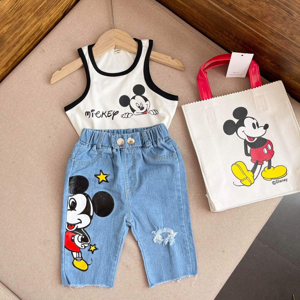 Set đồ cho bé gái 🍎[𝐅𝐑𝐄𝐄𝐒𝐇𝐈𝐏]🍎Set Mickey ba lỗ chất cotton 100% phối quần Jean lửng mềm mát mặc hè-SHOP BỐN MÙA