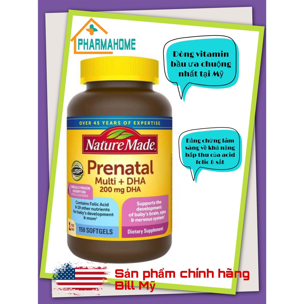 Vitamin Tổng Hợp Nature Made Prenatal Multi + DHA Cho Bà Bầu của Mỹ, 150 viên