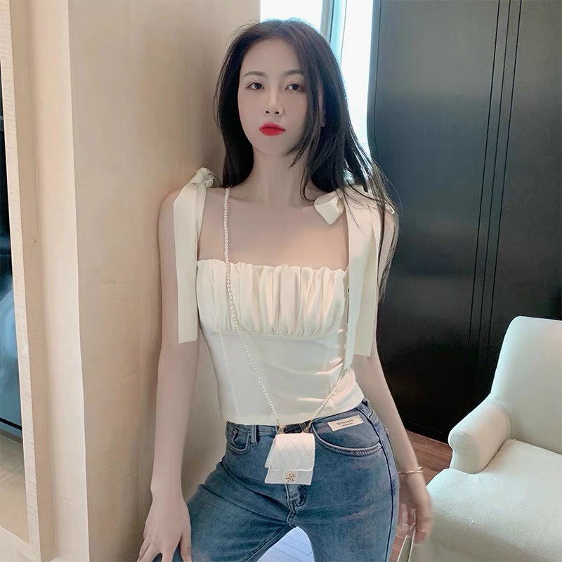 Áo len mỏng 2 dây ly ngực thắt nơ ulzzang Hàn Quốc
