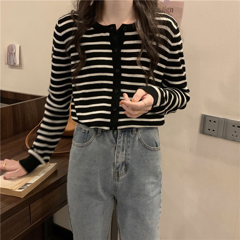 Áo Khoác Cardigan Dệt Kim Dáng Rộng Họa Tiết Kẻ Sọc Thời Trang Xuân Thu Phong Cách Hàn Quốc Mới Cho Nữ